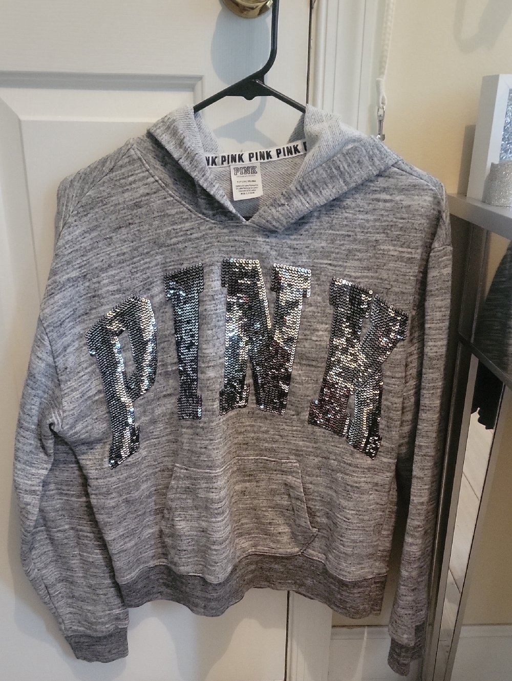 Victoria's Secret Pink Hoodie. Gray Woth Silver Bling Sequin Letters. Small. LN